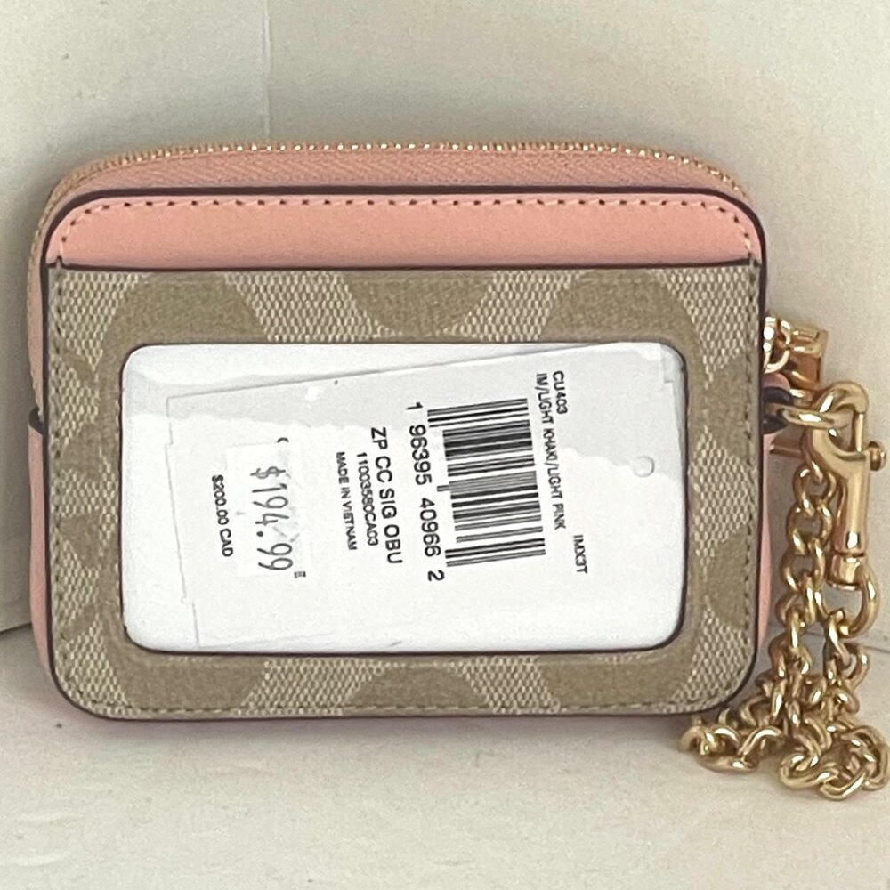 Coach Observed By Us Zip Card Case Khaki Signature Canvas Pink - Picture 3 of 8